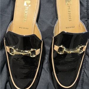 Black Patent Mules with Gold Bit Accent
